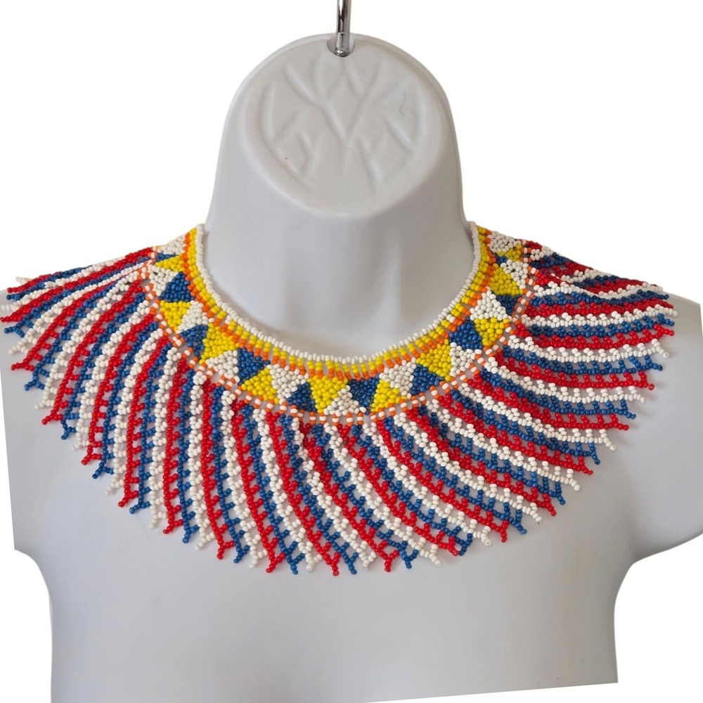 Handmade Beaded Bib Collar Necklace Multicolor Seed Bead Fringe Statement